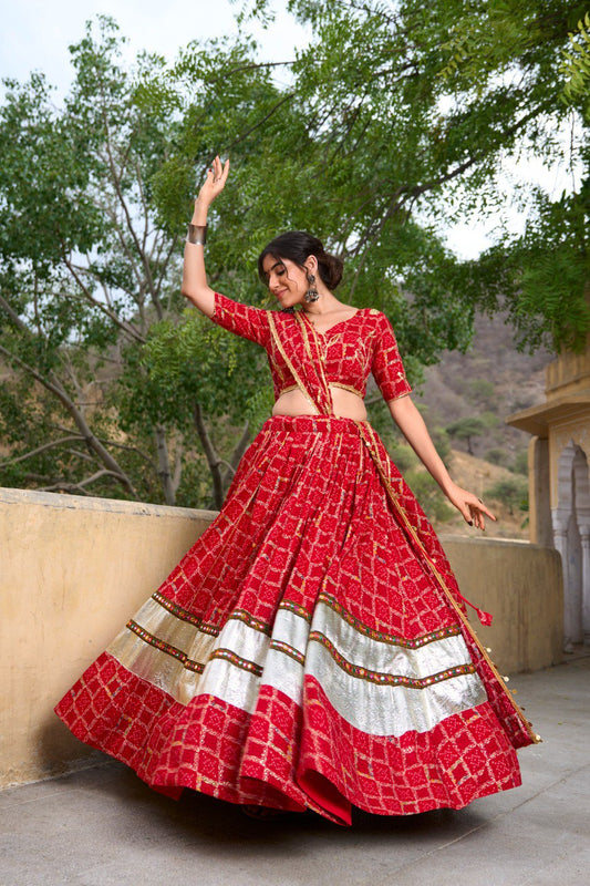 RD DEAL Red Pure Rayon Lehenga, with Rajasthani Work Blouse and Foil Printed Dupatta