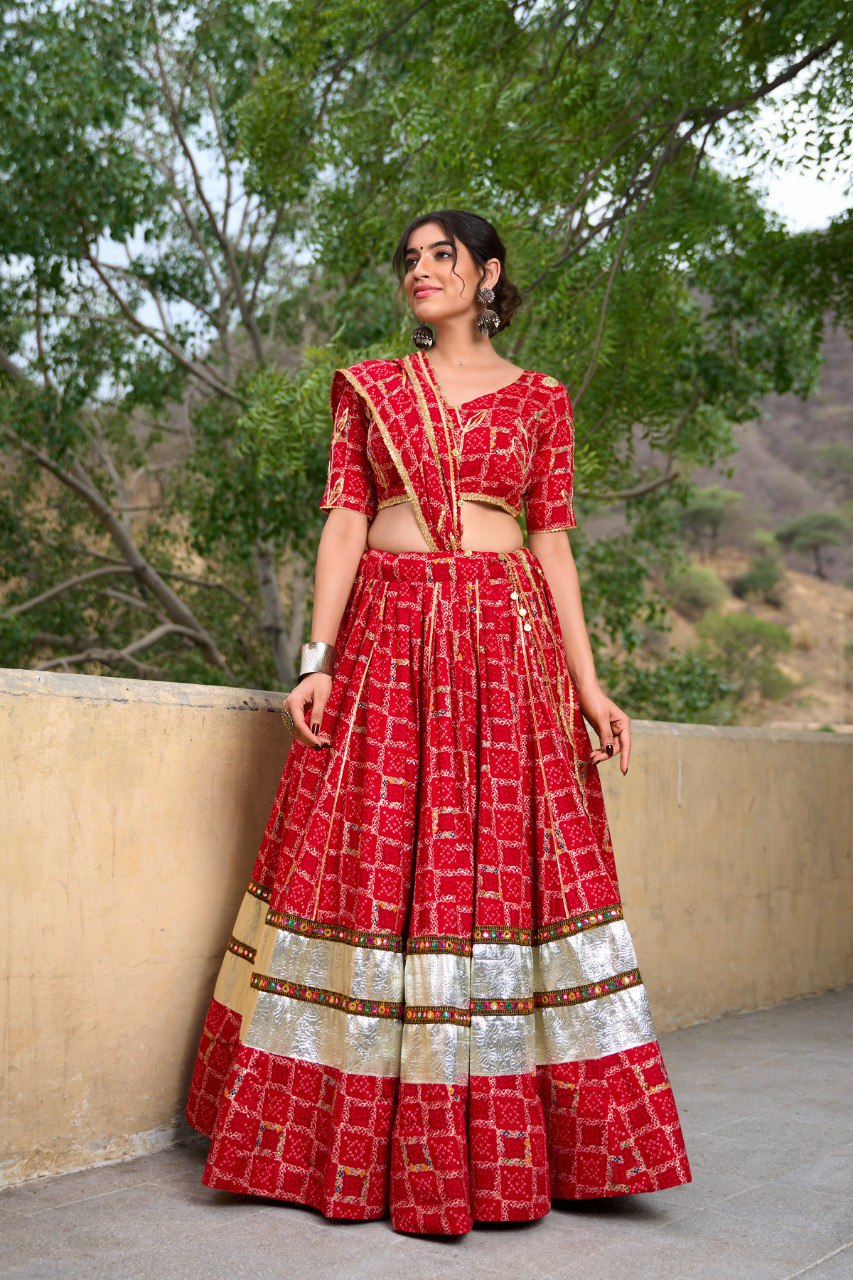 RD DEAL Red Pure Rayon Lehenga, with Rajasthani Work Blouse and Foil Printed Dupatta